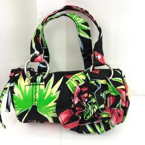 Avon Tropical Black Pink Floral Green Leaves Mini Bag Zipper Closure Handbag